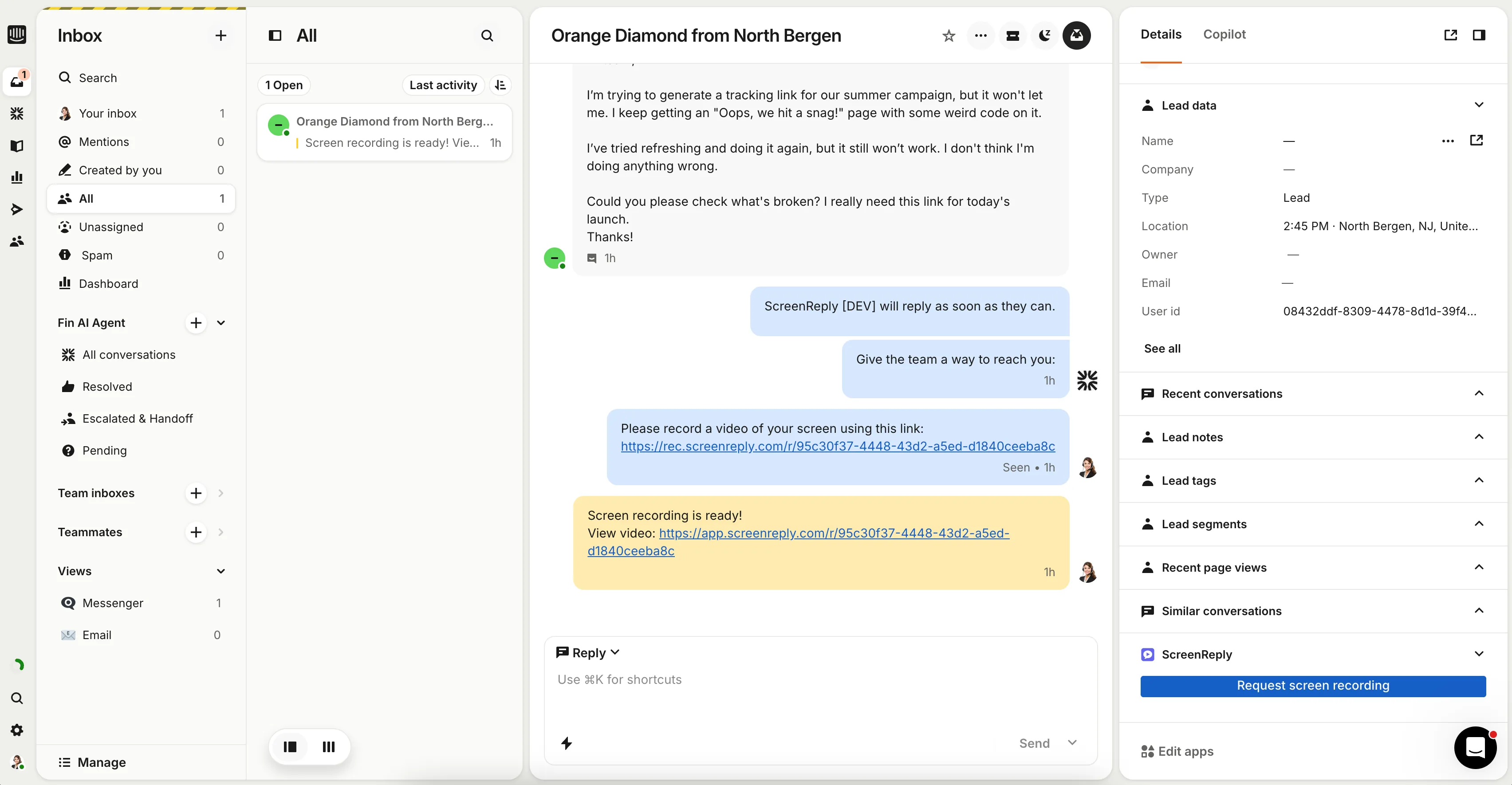 Screenshot 1: The Intercom Inbox interface. The agent clicks on the ScreenReply icon in the Composer Apps toolbar at the bottom. A custom app card appears in the chat preview with a 'Request Screen Recording' button.