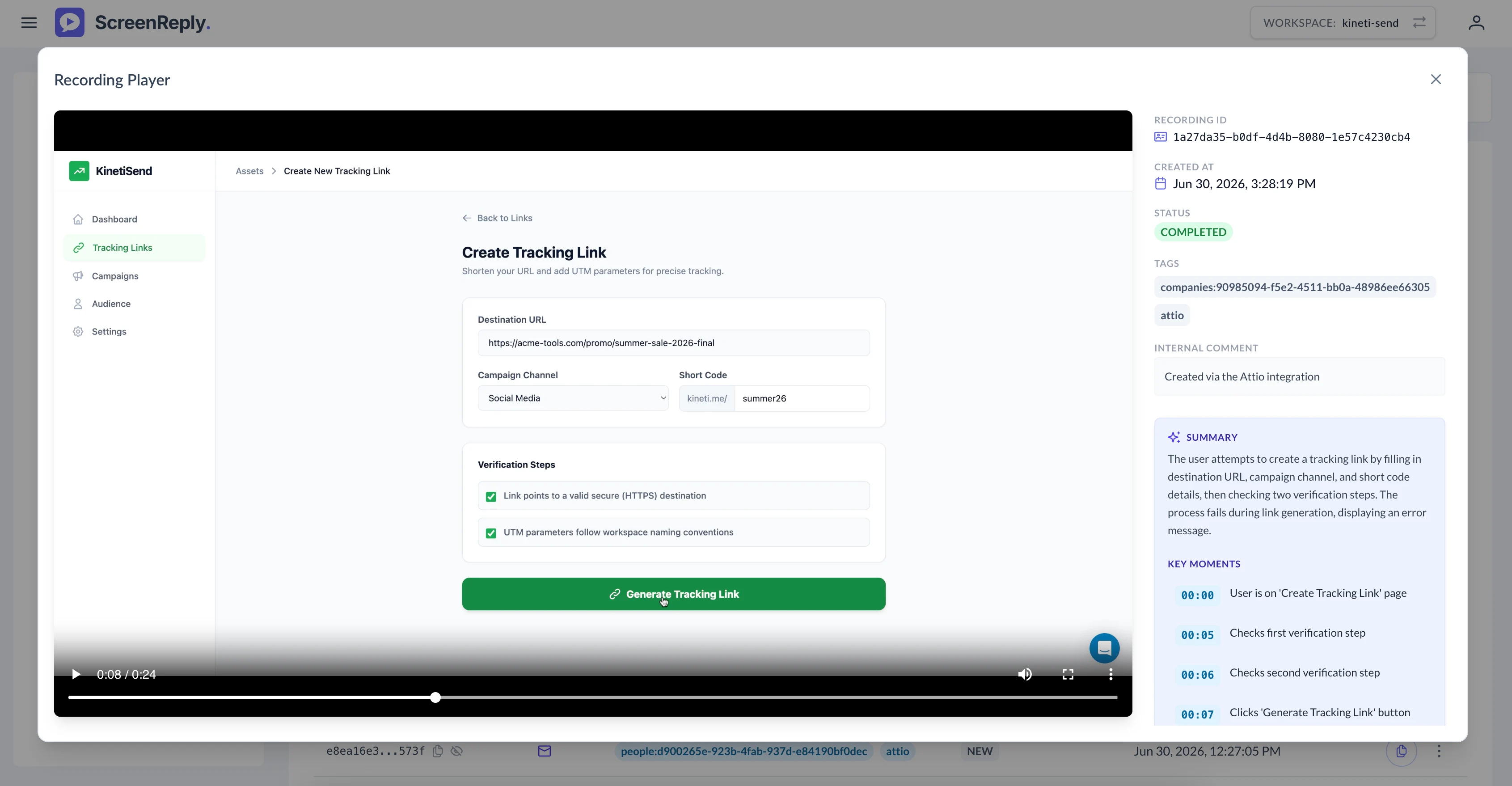 Attio note with video link, AI summary, and timestamps