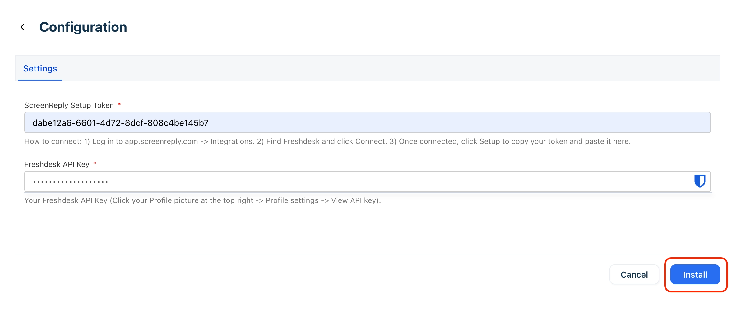 Enter API Key and Setup Token in the installation form