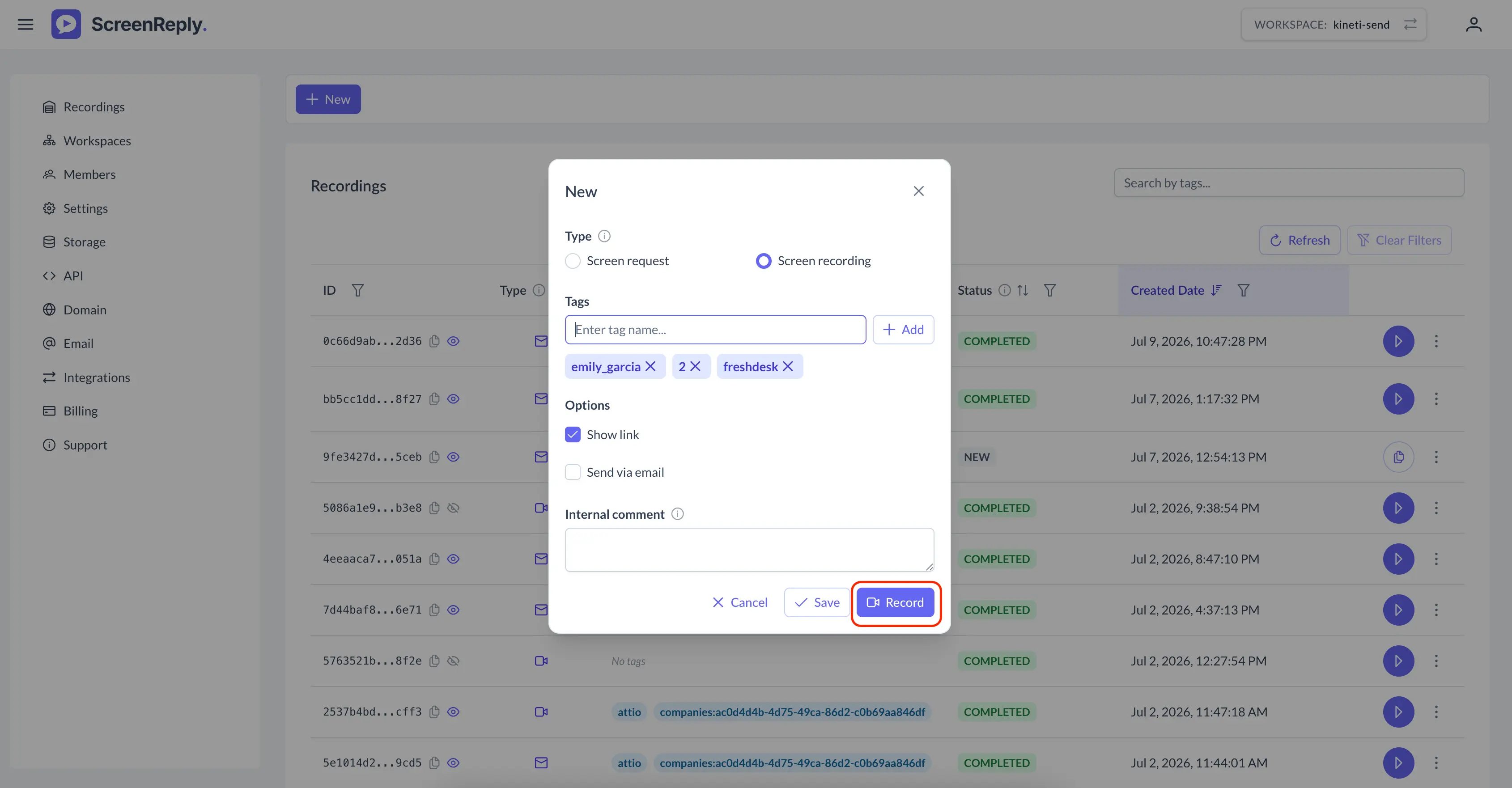 Pre-filled form to record your own screen