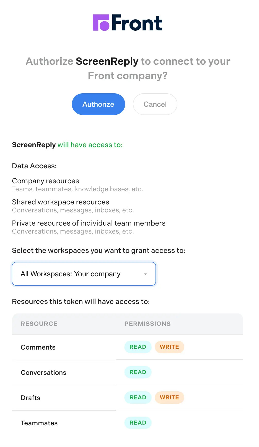 Authorize ScreenReply in Front