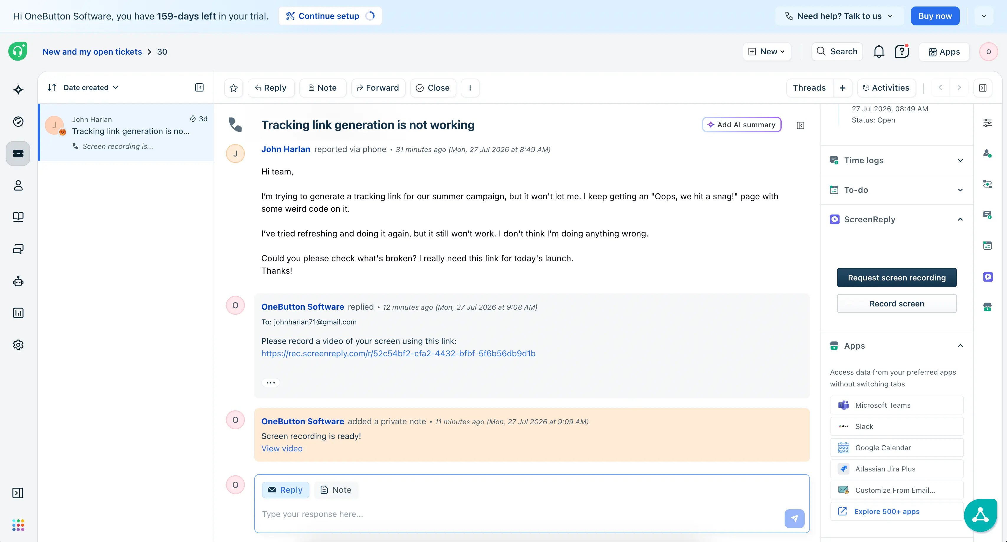ScreenReply interface inside Freshdesk