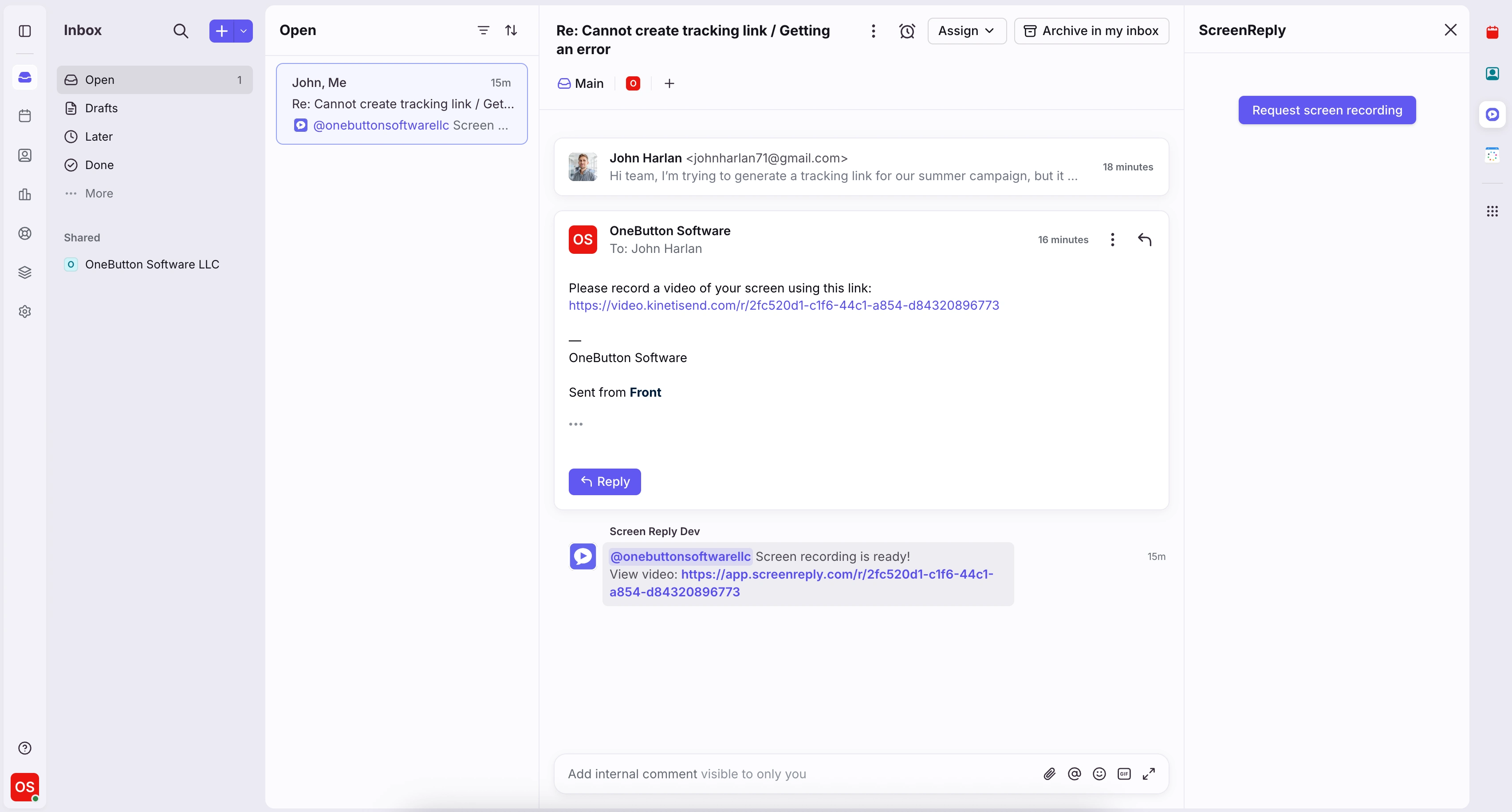 ScreenReply interface inside Front shared inbox