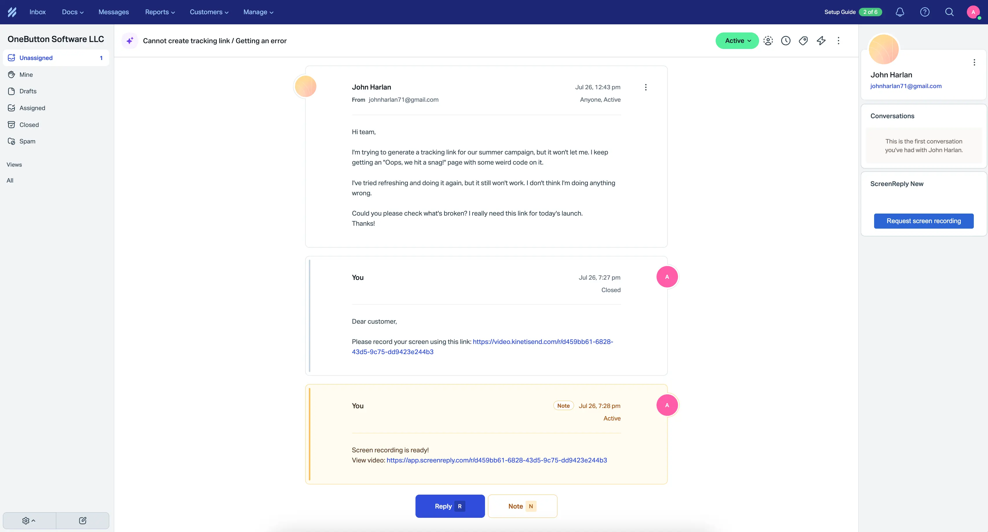 ScreenReply interface inside Help Scout