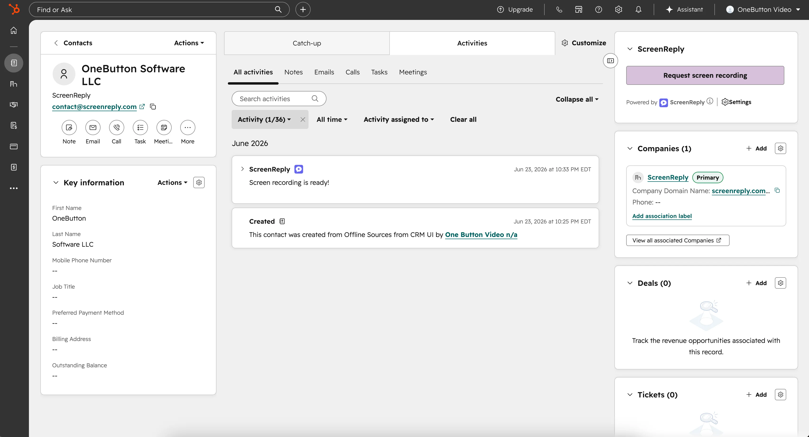 ScreenReply CRM Card inside a HubSpot record