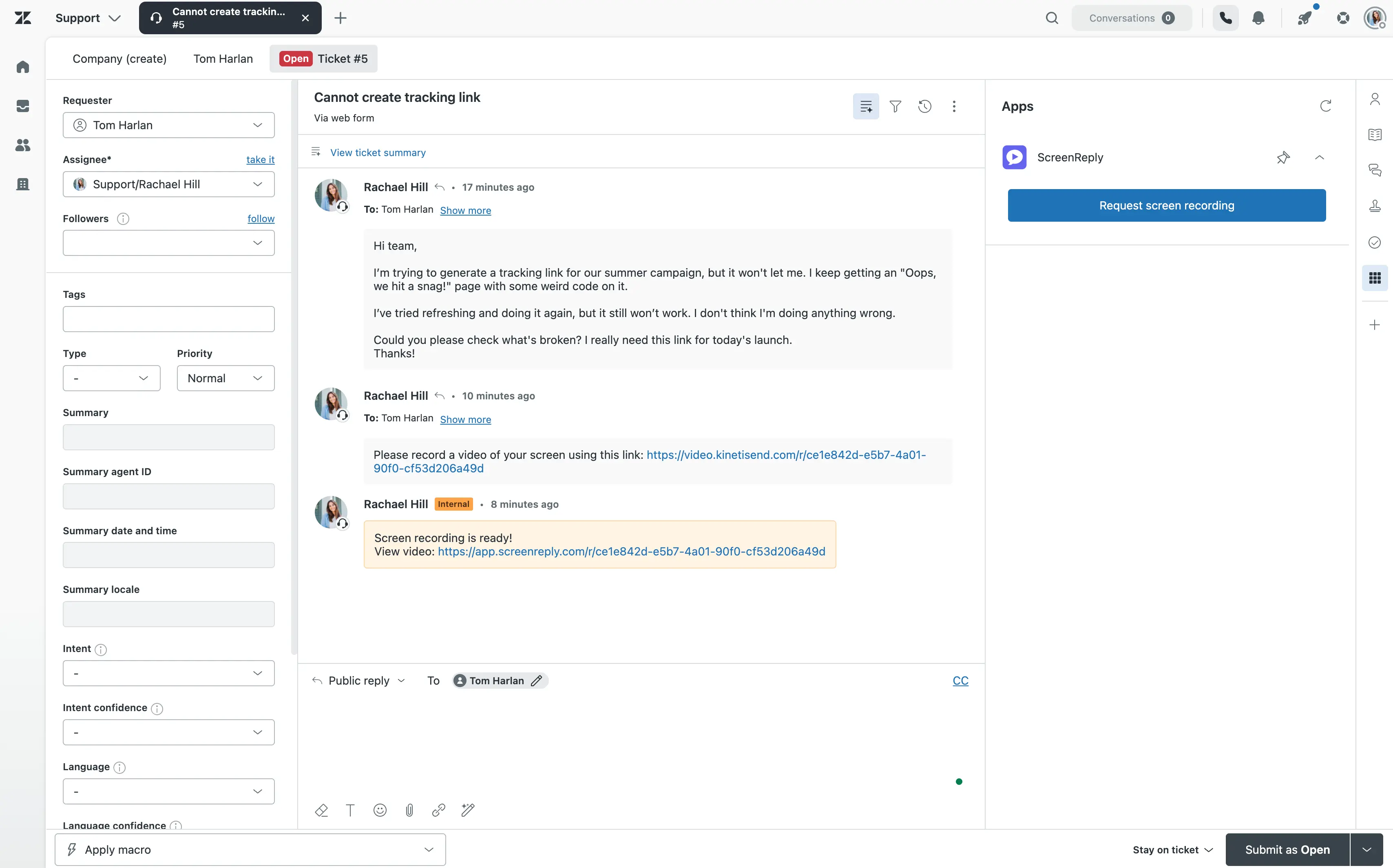 ScreenReply app interface inside Zendesk Support ticket