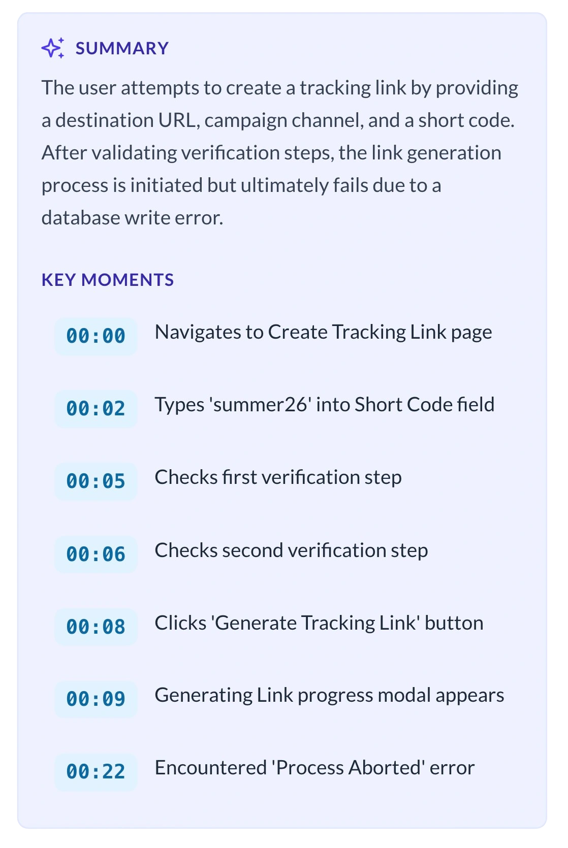 AI-generated text summary and clickable timestamps for screen recordings